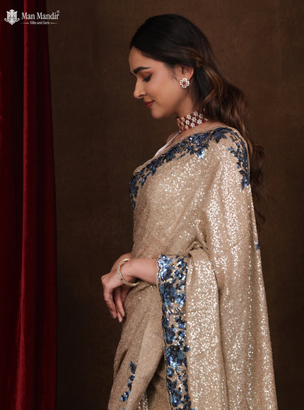 Beige Sequin Embroidered Georgette Designer Saree