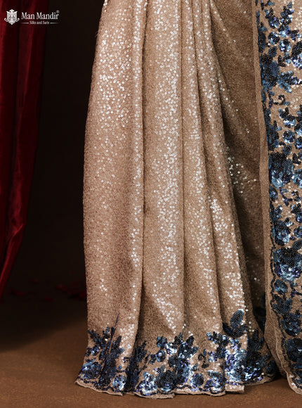 Beige Sequin Embroidered Georgette Designer Saree