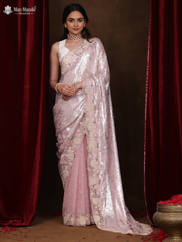 Light Pink Sequin Embroidered Netted Organza Designer Saree