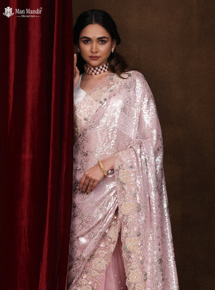 Light Pink Sequin Embroidered Netted Organza Designer Saree