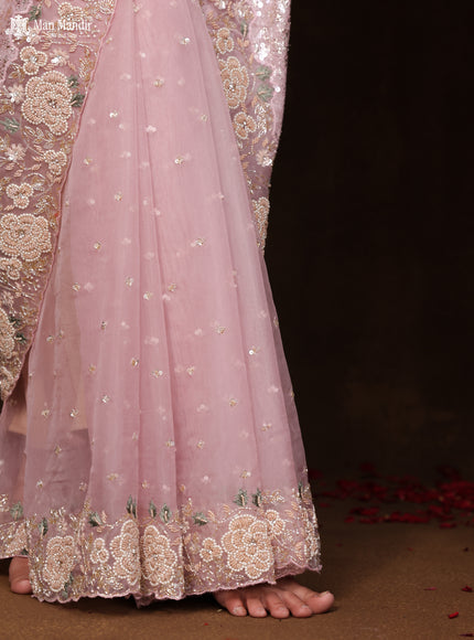 Light Pink Sequin Embroidered Netted Organza Designer Saree