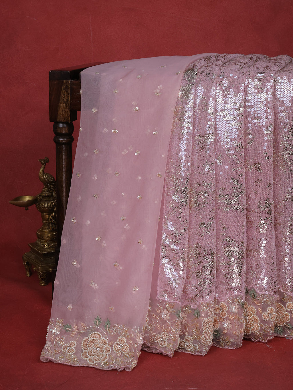 Light Pink Sequin Embroidered Netted Organza Designer Saree