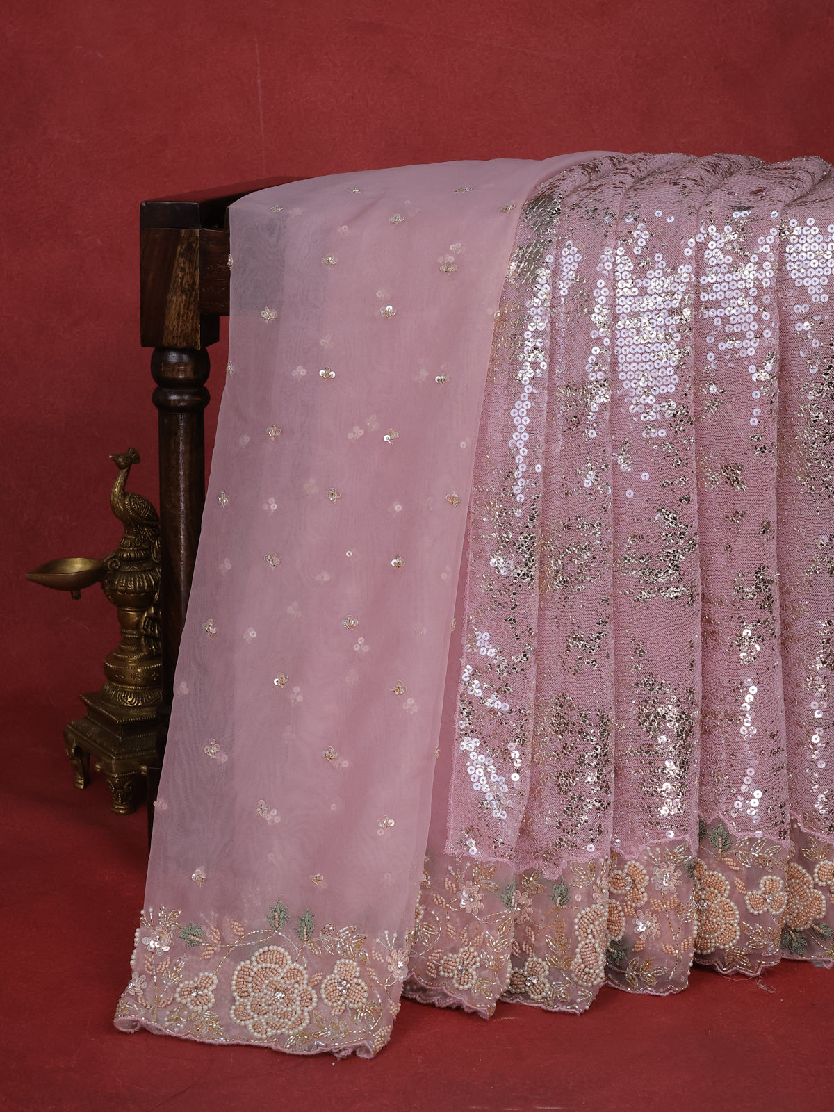 Light Pink Sequin Embroidered Netted Organza Designer Saree