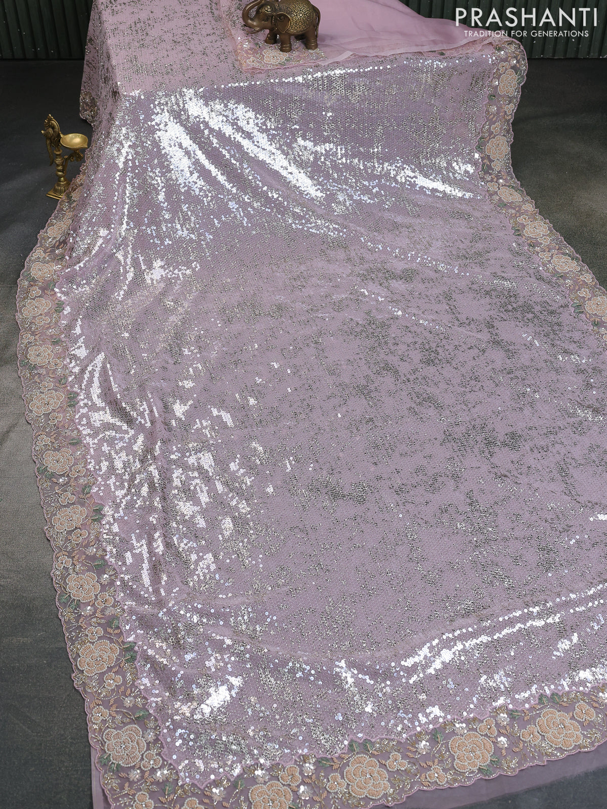 Light Pink Sequin Embroidered Netted Organza Designer Saree