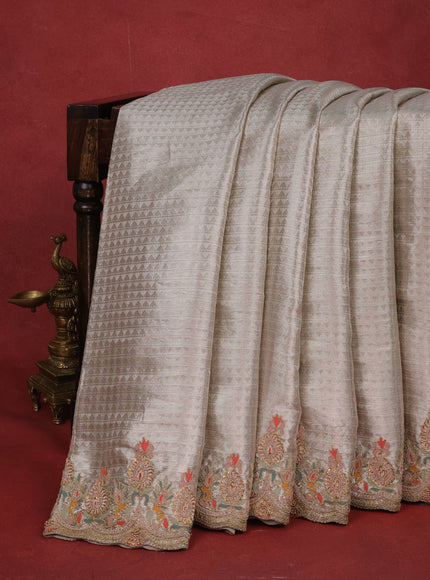 Silver Banarasi Tissue Saree With Embroidery Readymade Blouse