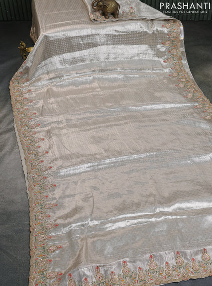 Silver Banarasi Tissue Saree With Embroidery Readymade Blouse