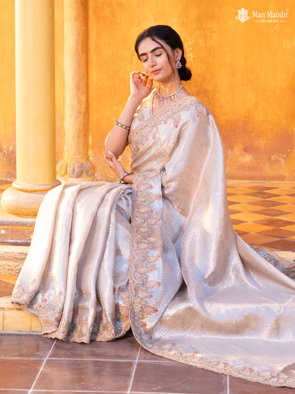 Silver Banarasi Tissue Saree With Embroidery Readymade Blouse