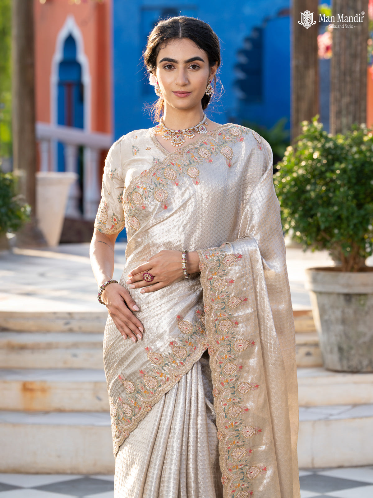 Silver Banarasi Tissue Saree With Embroidery Readymade Blouse