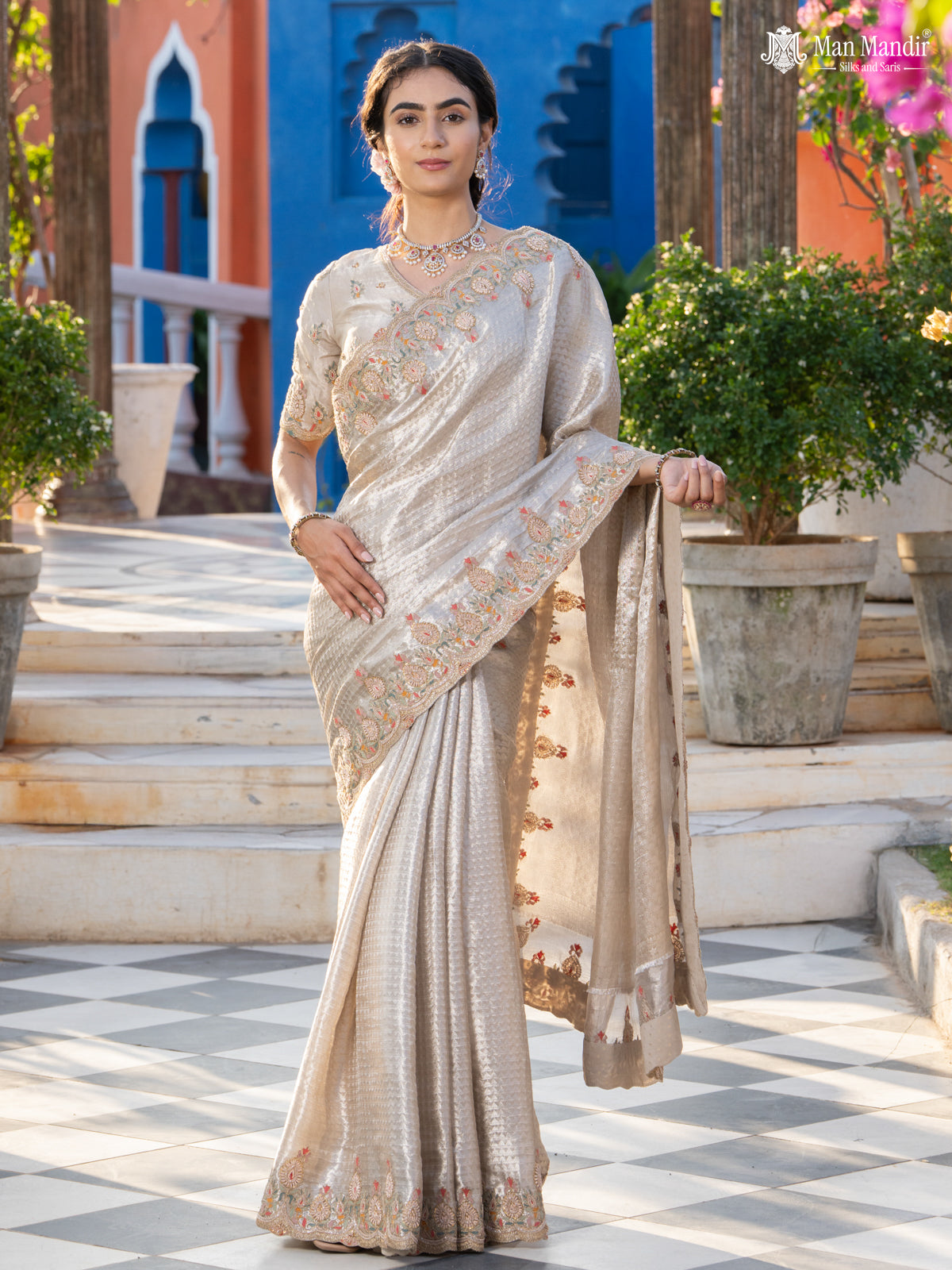 Silver Banarasi Tissue Saree With Embroidery Readymade Blouse