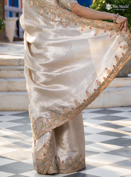 Silver Banarasi Tissue Saree With Embroidery Readymade Blouse