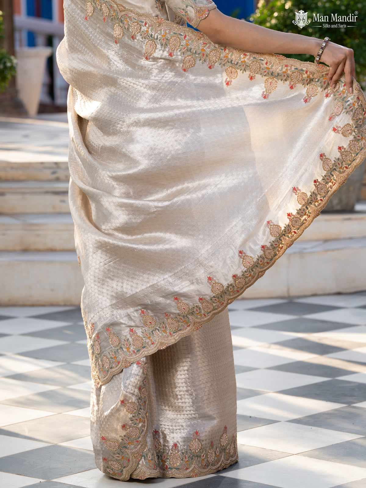 Silver Banarasi Tissue Saree With Embroidery Readymade Blouse