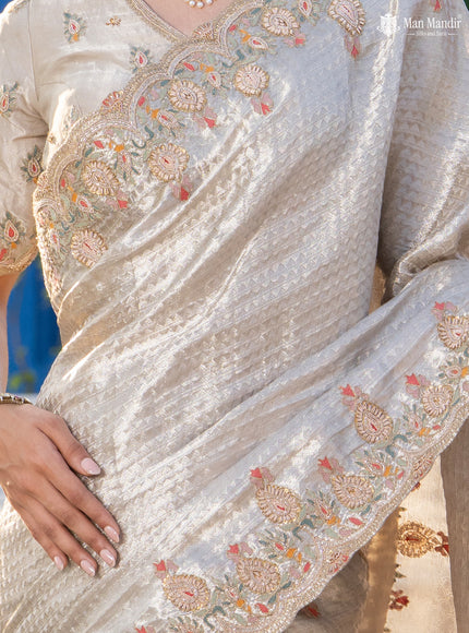Silver Banarasi Tissue Saree With Embroidery Readymade Blouse