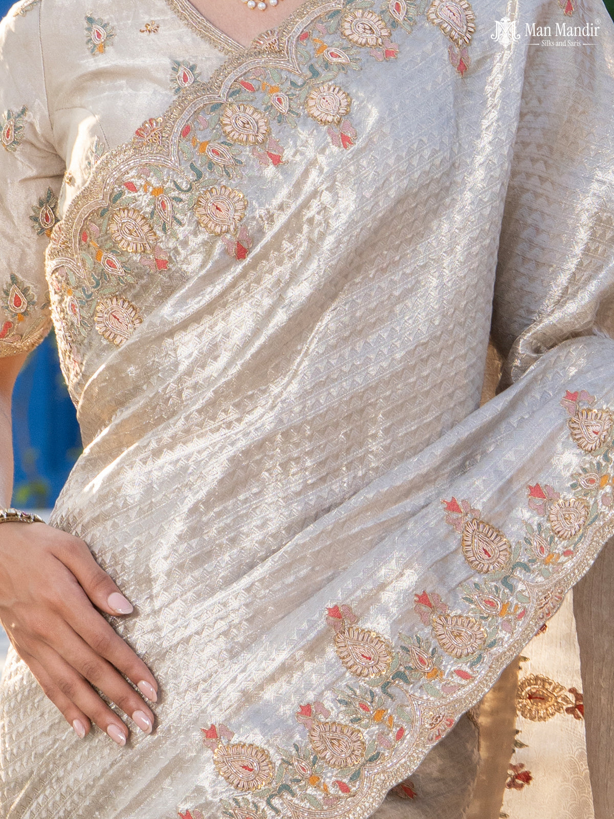 Silver Banarasi Tissue Saree With Embroidery Readymade Blouse