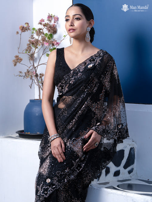 Black Sequin Embroidered Netted Designer Saree