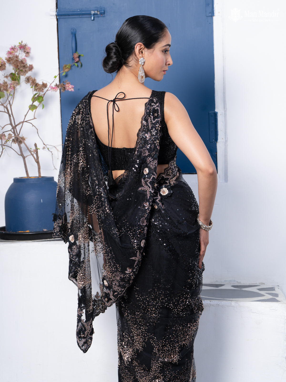 Black Sequin Embroidered Netted Designer Saree