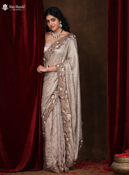 Grey Sequin Embroidered Netted Organza Designer Saree