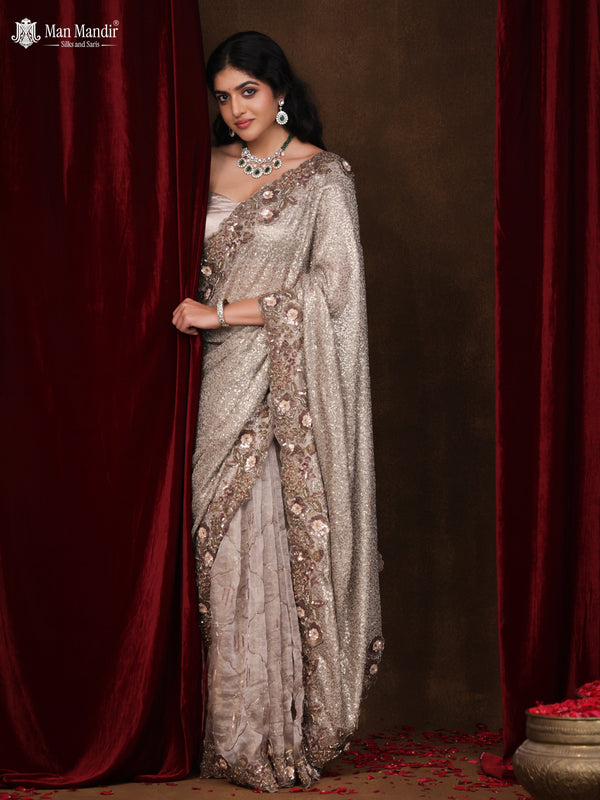 Grey Sequin Embroidered Netted Organza Designer Saree