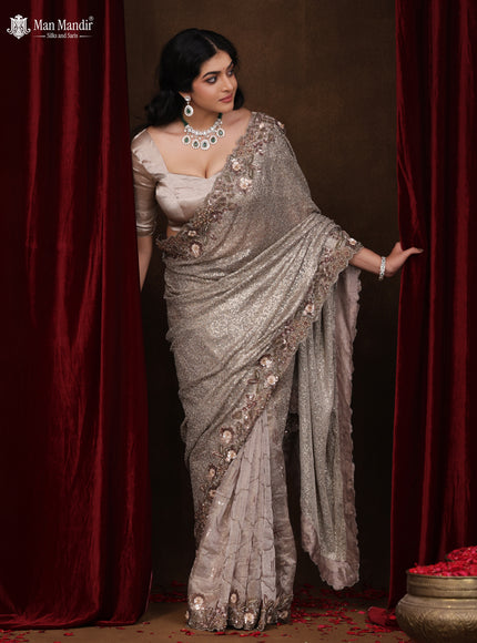 Grey Sequin Embroidered Netted Organza Designer Saree