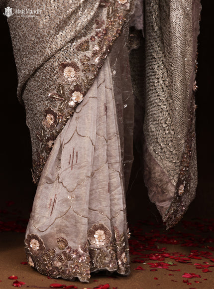 Grey Sequin Embroidered Netted Organza Designer Saree
