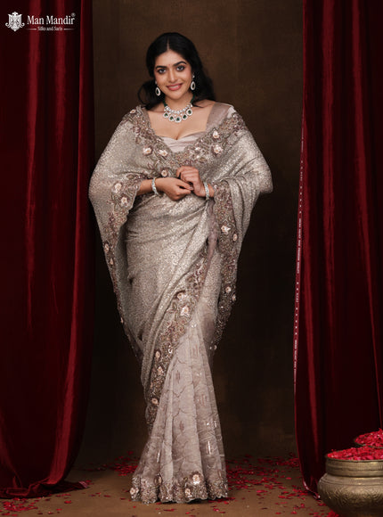 Grey Sequin Embroidered Netted Organza Designer Saree