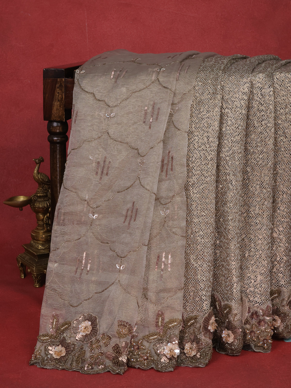 Grey Sequin Embroidered Netted Organza Designer Saree