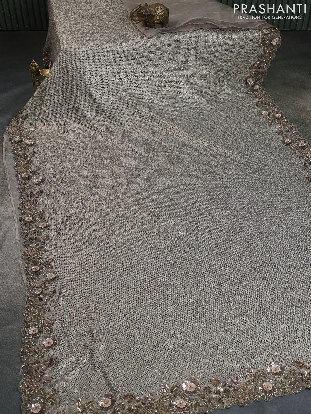 Grey Sequin Embroidered Netted Organza Designer Saree
