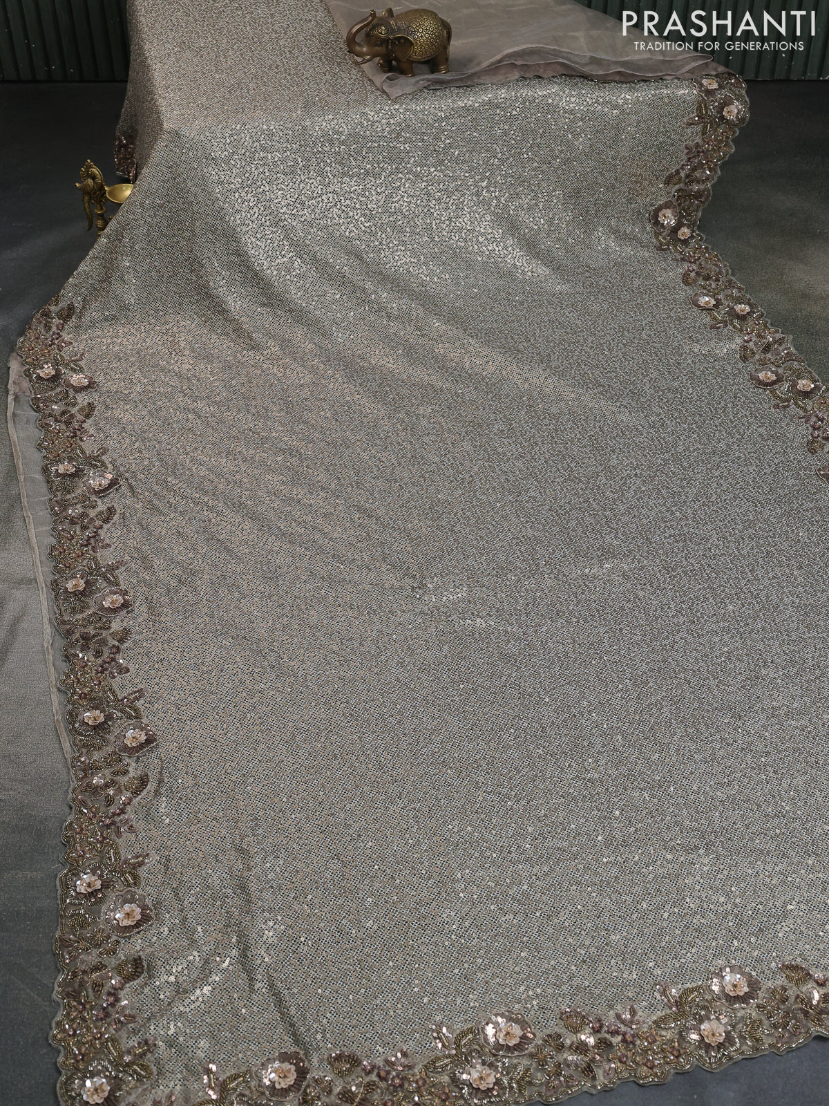 Grey Sequin Embroidered Netted Organza Designer Saree