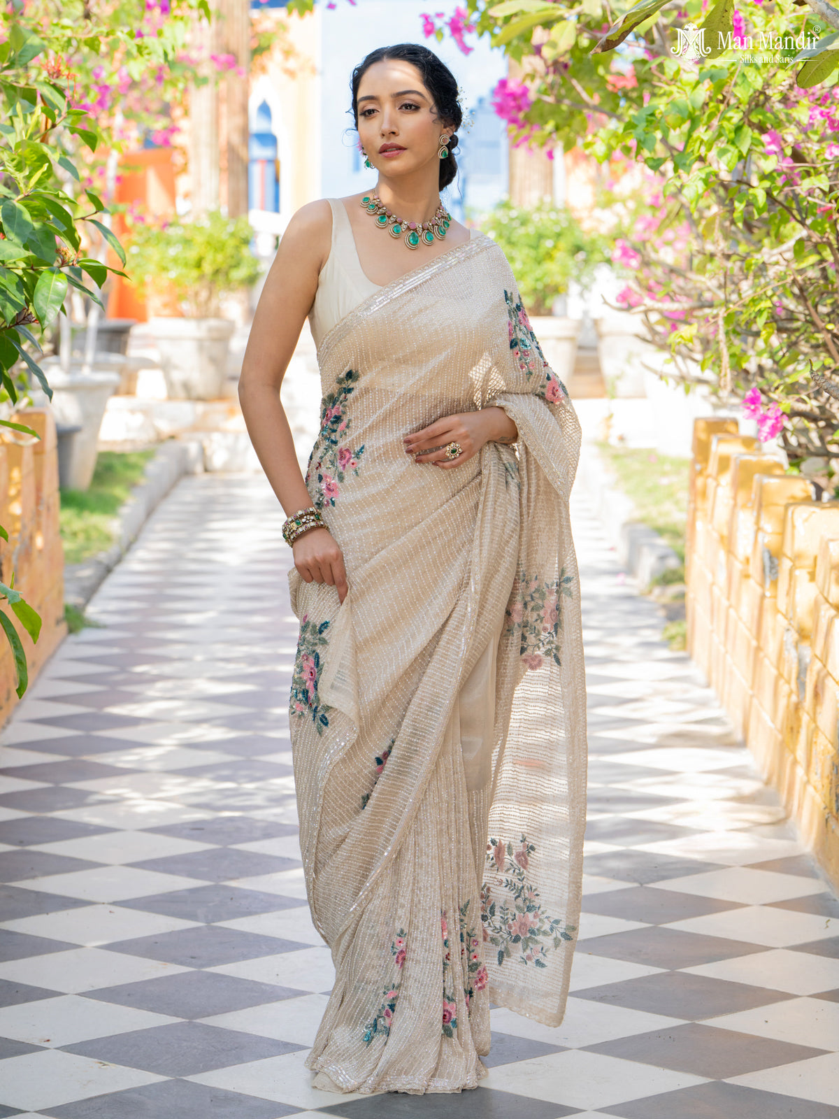 Beige Embroidered Organza Designer Saree