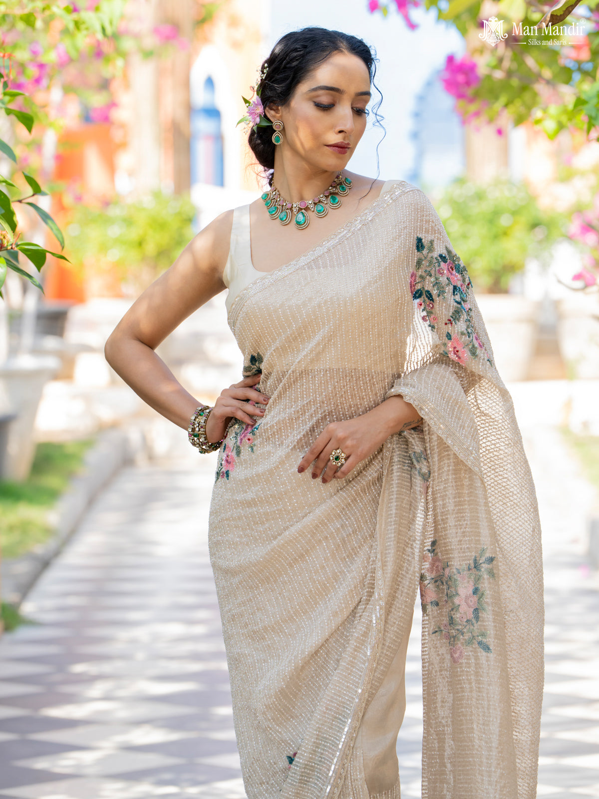 Beige Embroidered Organza Designer Saree