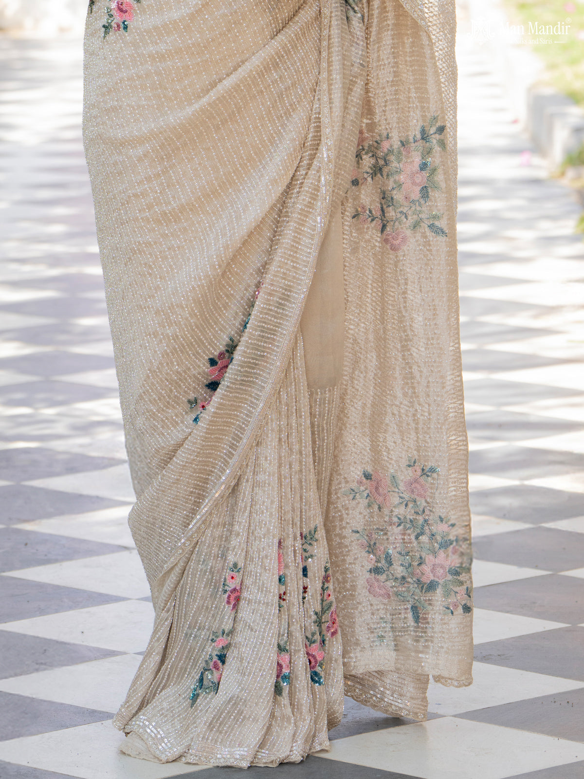 Beige Embroidered Organza Designer Saree