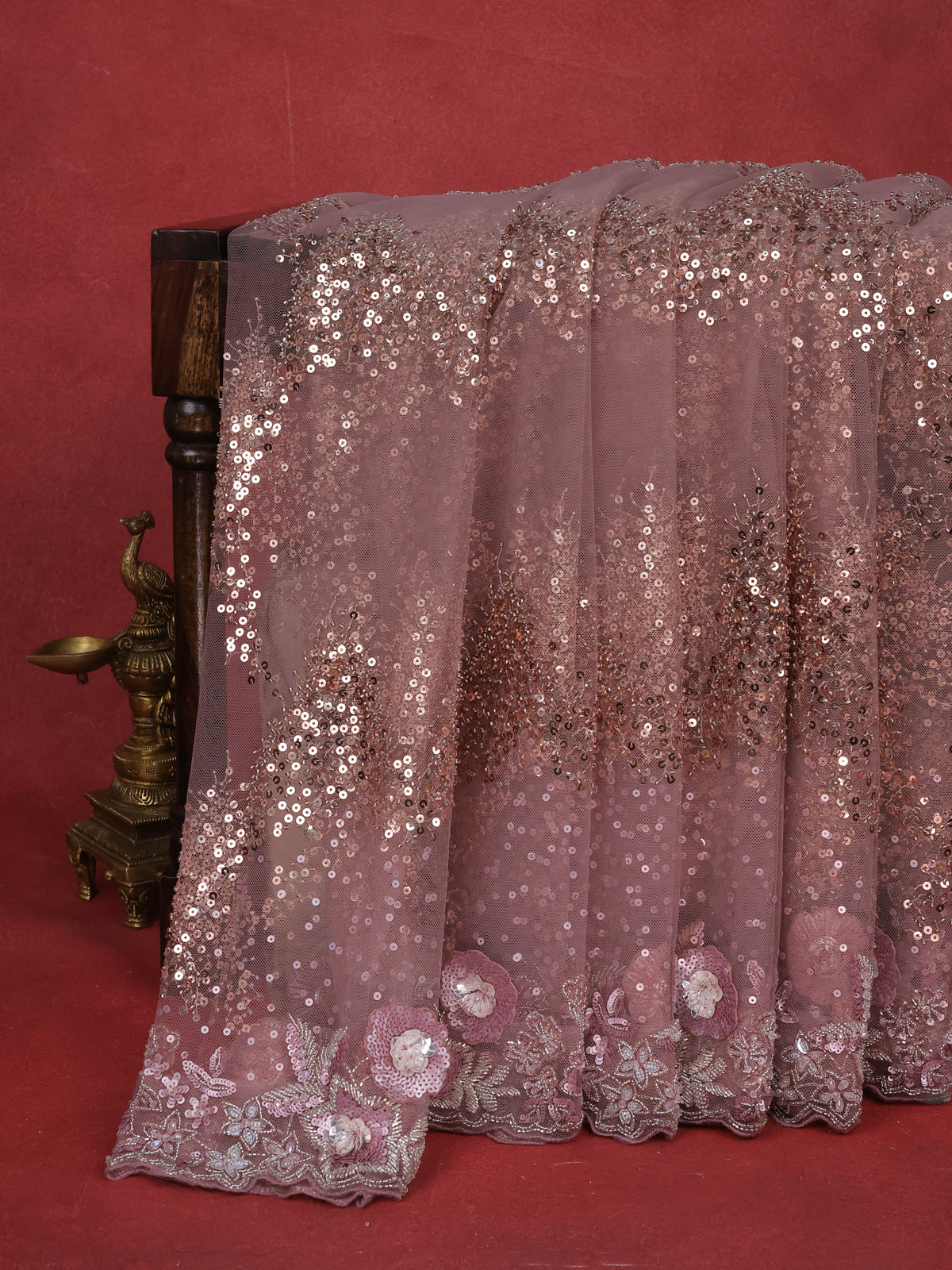 Mauve Pink Sequin Embroidered Netted Designer Saree