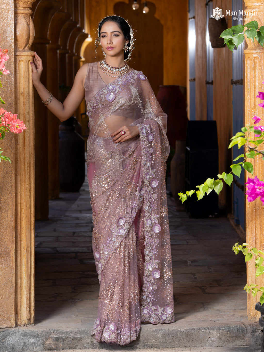 Mauve Pink Sequin Embroidered Netted Designer Saree