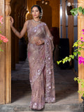 Mauve Pink Sequin Embroidered Netted Designer Saree