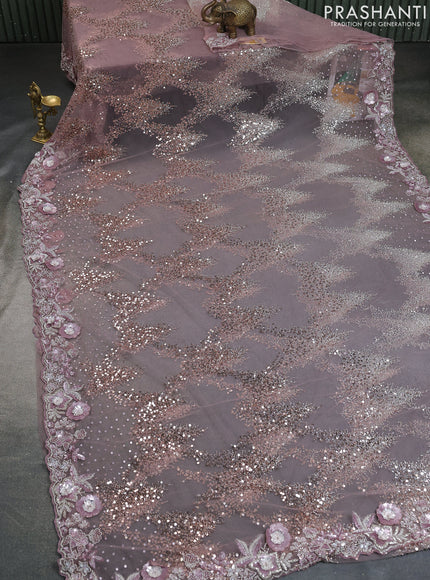 Mauve Pink Sequin Embroidered Netted Designer Saree