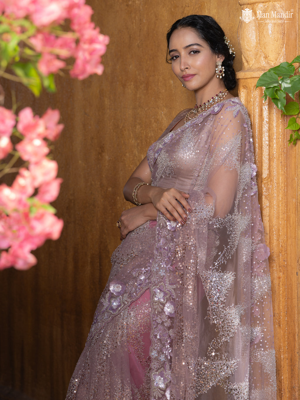 Mauve Pink Sequin Embroidered Netted Designer Saree