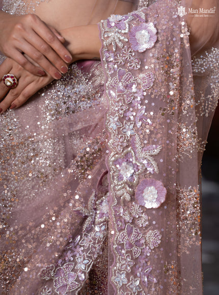 Mauve Pink Sequin Embroidered Netted Designer Saree