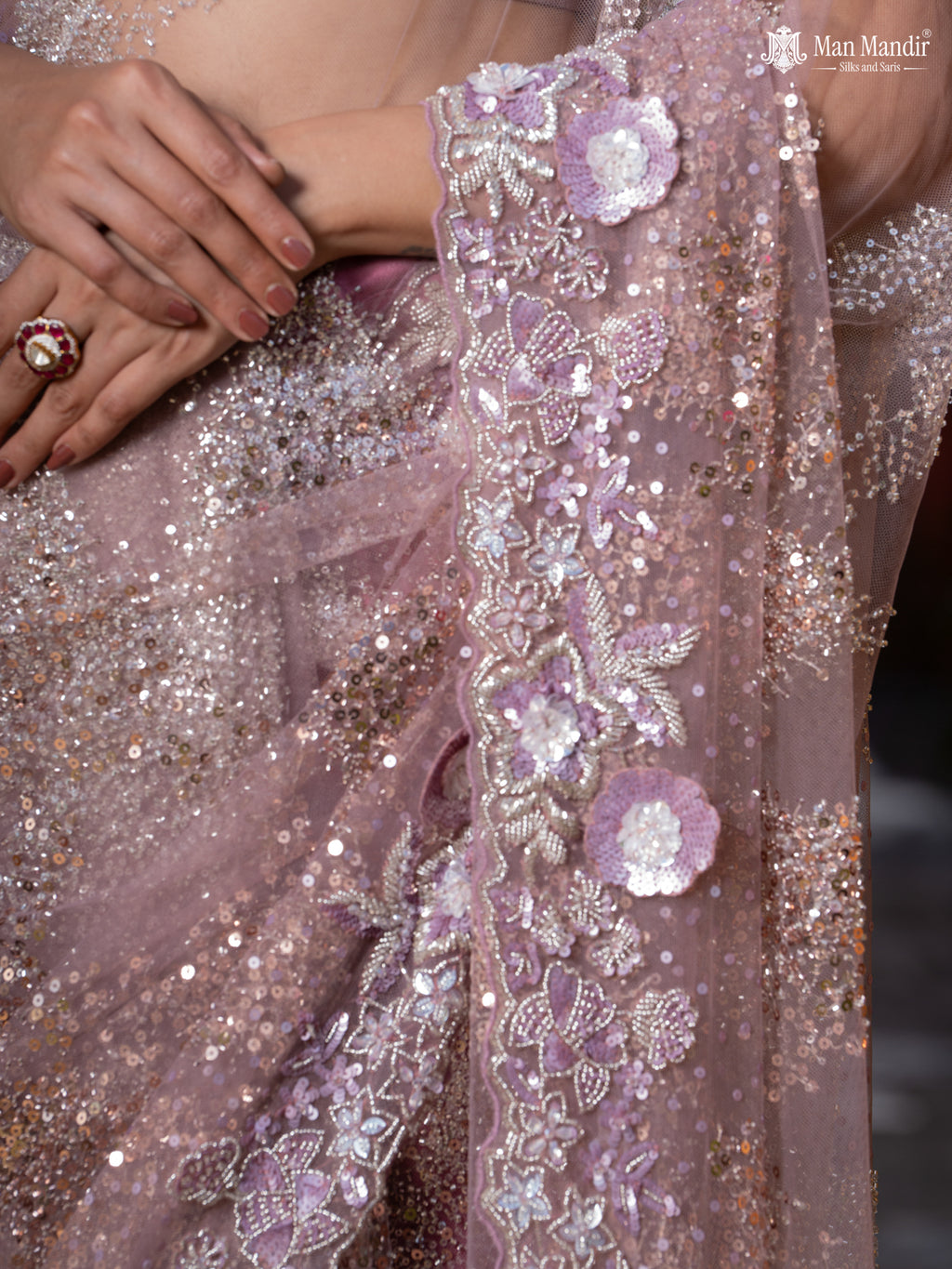 Mauve Pink Sequin Embroidered Netted Designer Saree