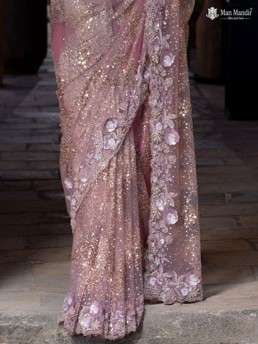 Mauve Pink Sequin Embroidered Netted Designer Saree