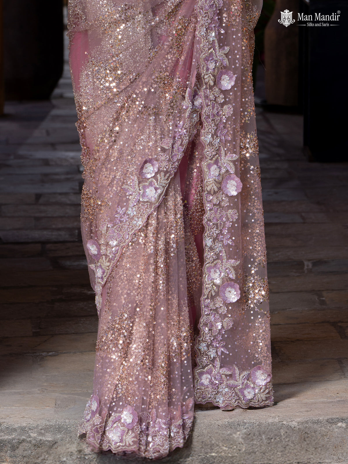Mauve Pink Sequin Embroidered Netted Designer Saree