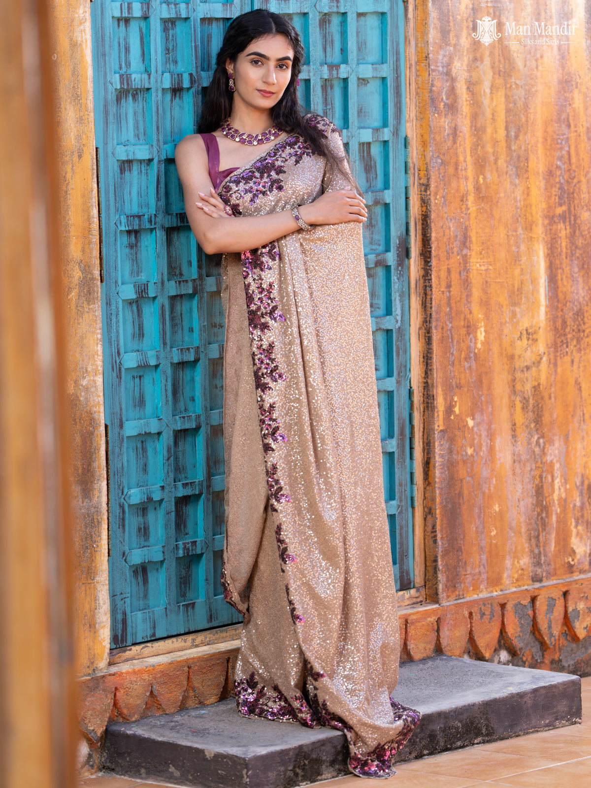 Beige Sequin Embroidered Georgette Designer Saree