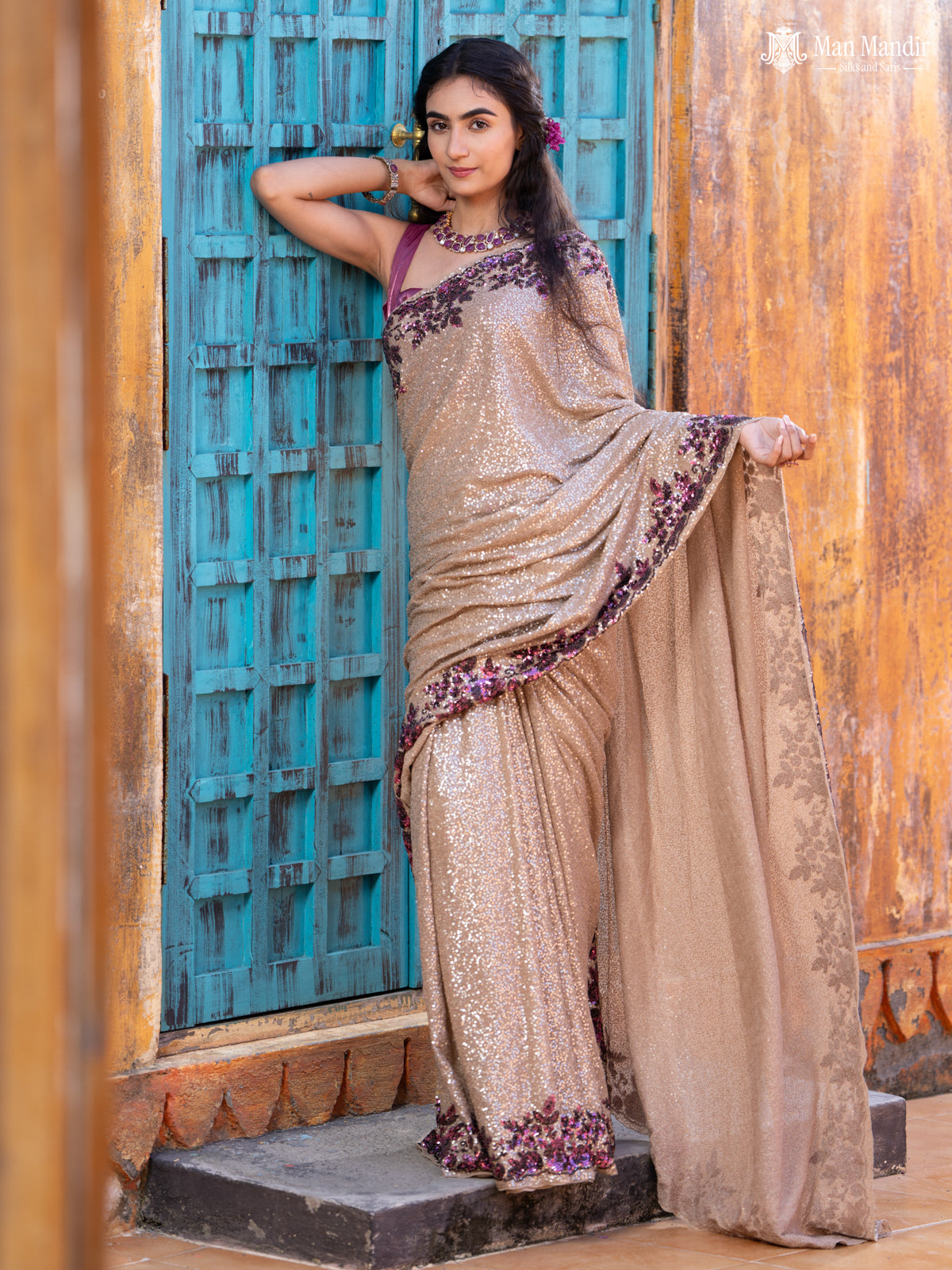 Beige Sequin Embroidered Georgette Designer Saree