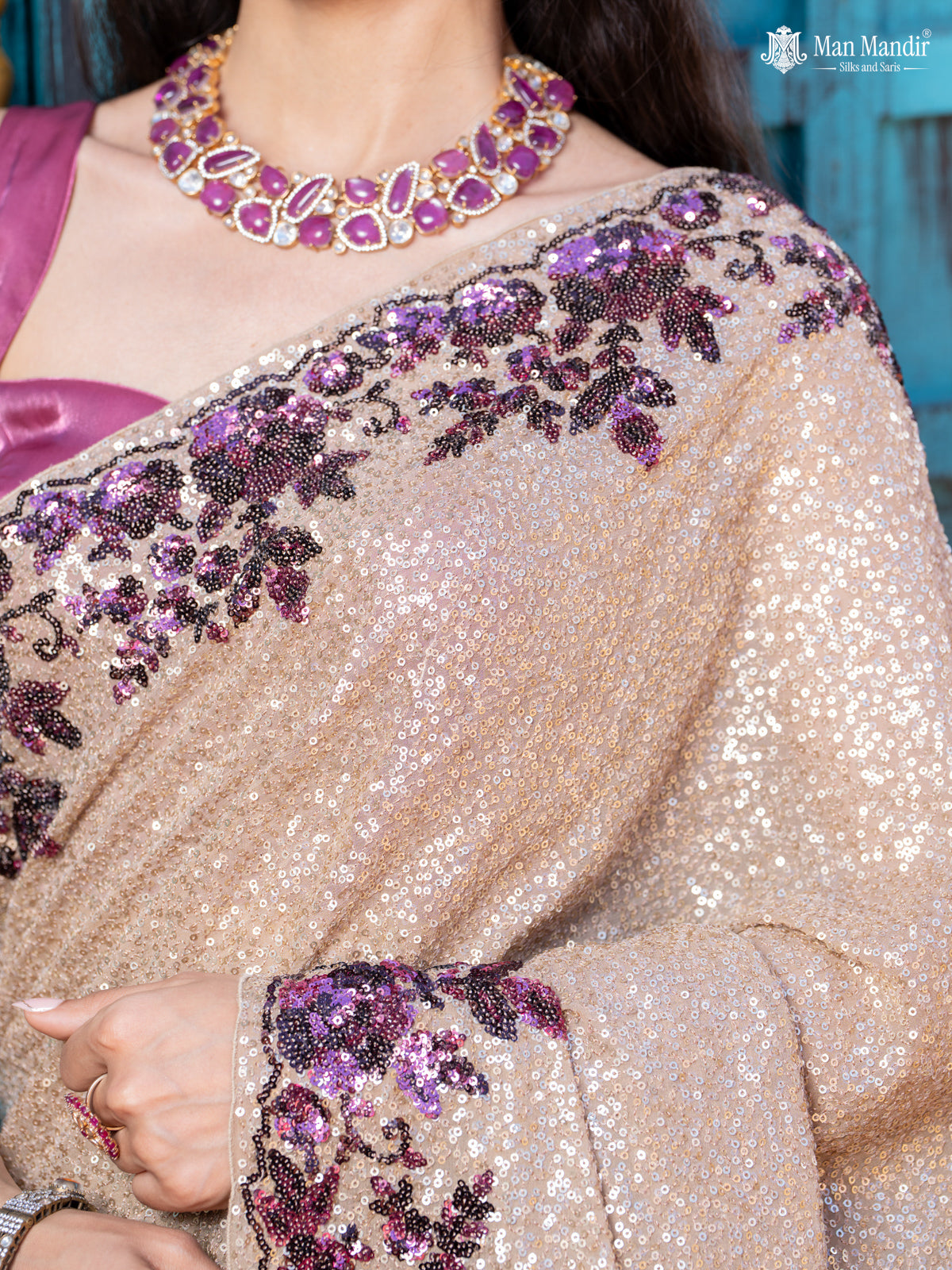 Beige Sequin Embroidered Georgette Designer Saree