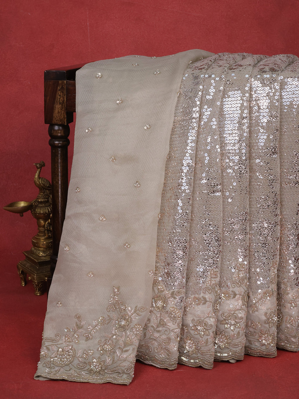 Grey Sequin Embroidered Netted Organza Designer Saree