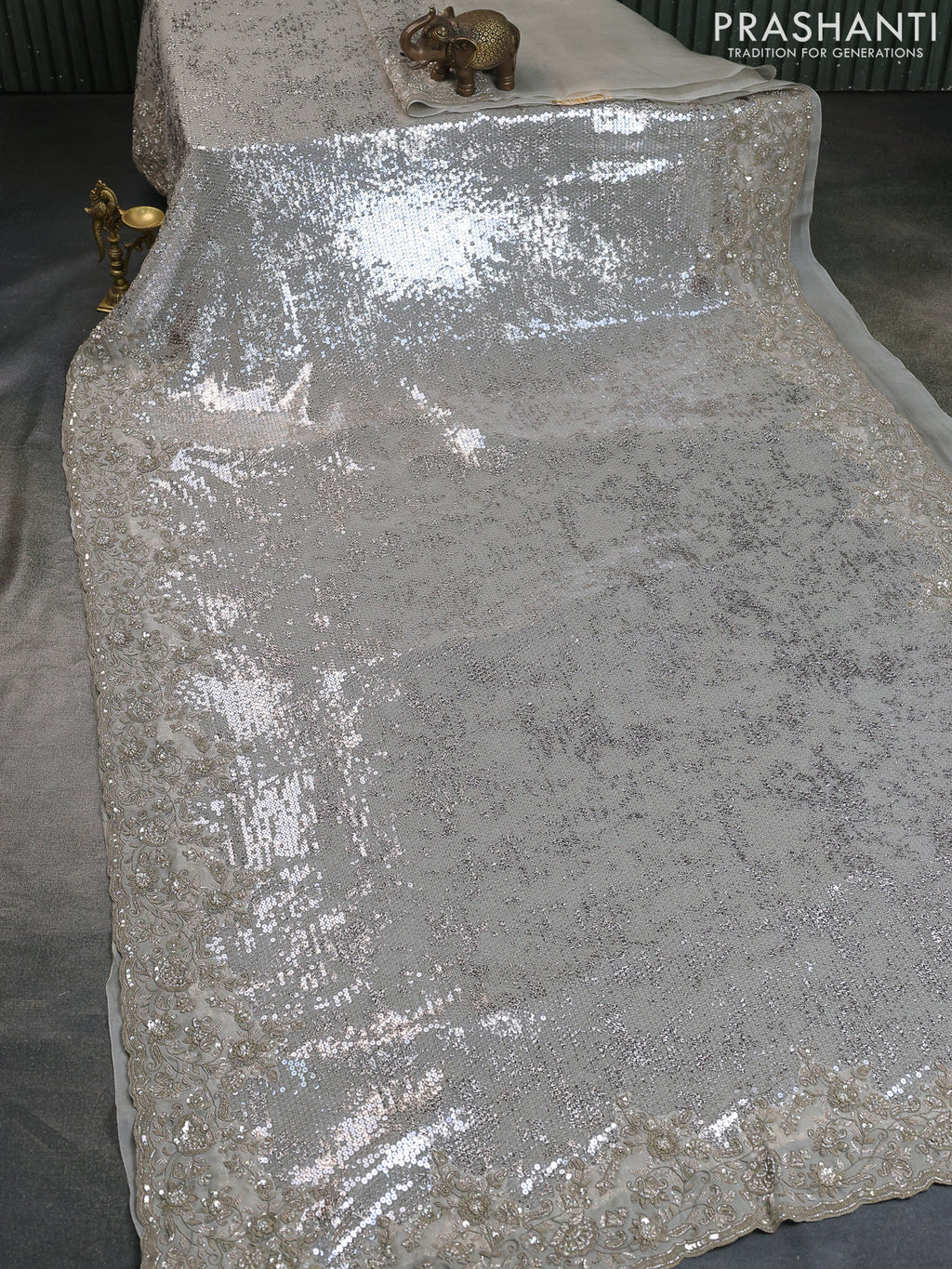 Grey Sequin Embroidered Netted Organza Designer Saree