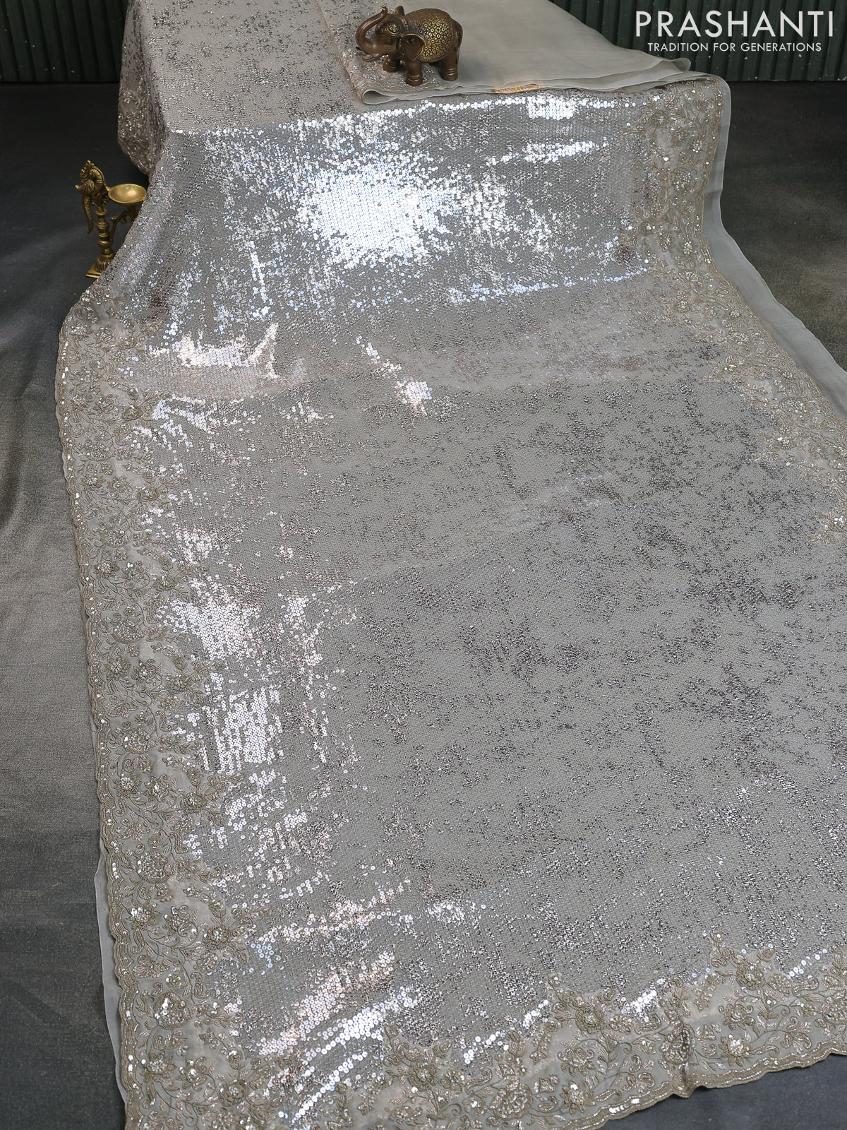 Grey Sequin Embroidered Netted Organza Designer Saree