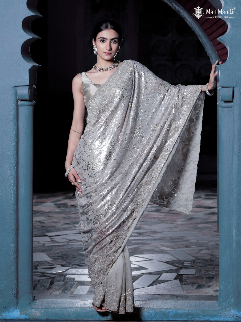 Grey Sequin Embroidered Netted Organza Designer Saree