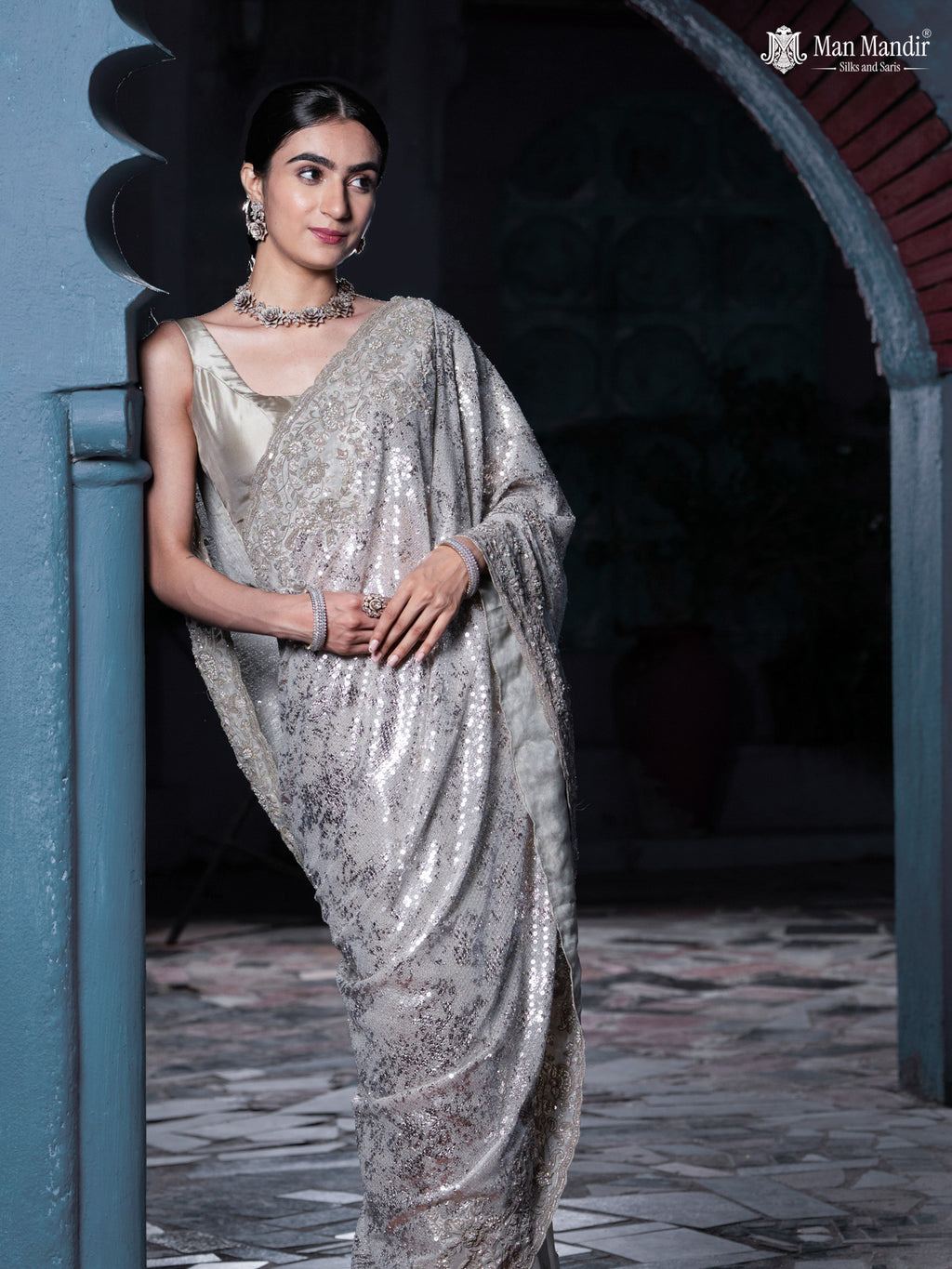 Grey Sequin Embroidered Netted Organza Designer Saree