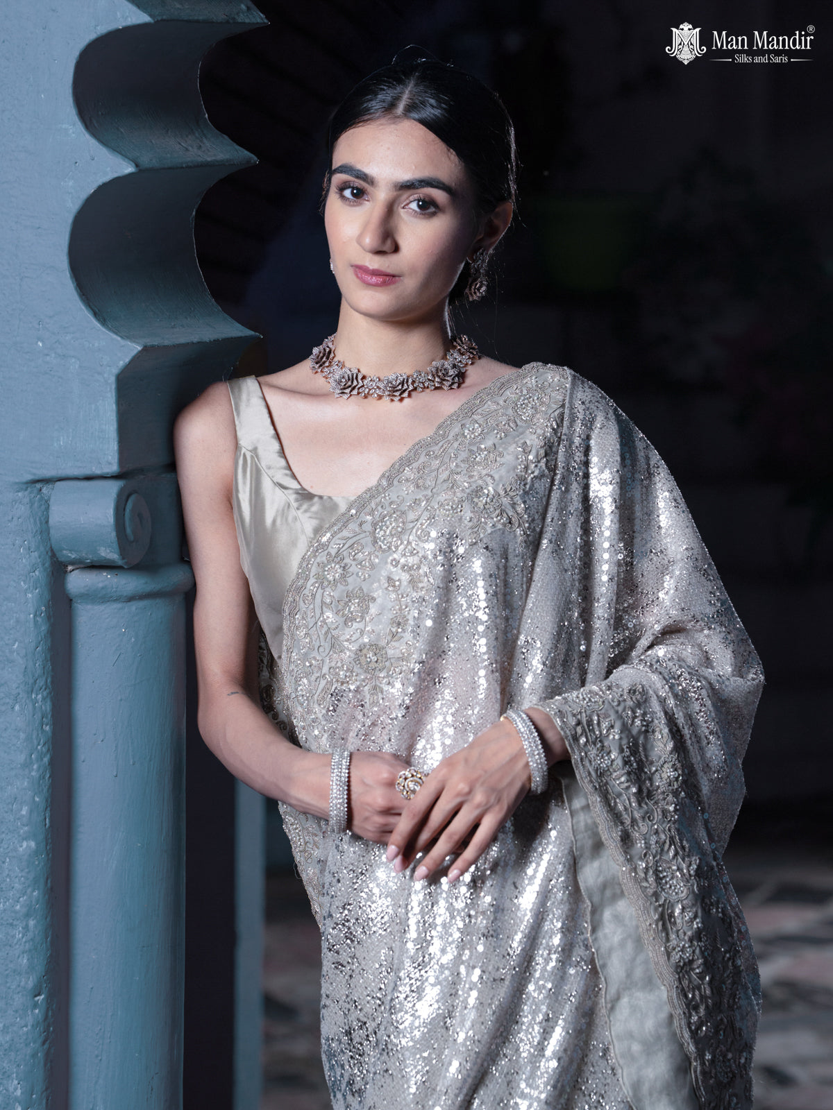 Grey Sequin Embroidered Netted Organza Designer Saree