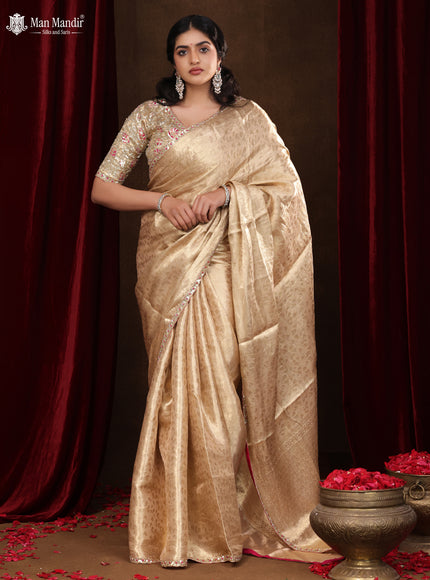 Golden Banarasi Tissue Saree With Embroidery Readymade Blouse