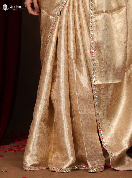 Golden Banarasi Tissue Saree With Embroidery Readymade Blouse